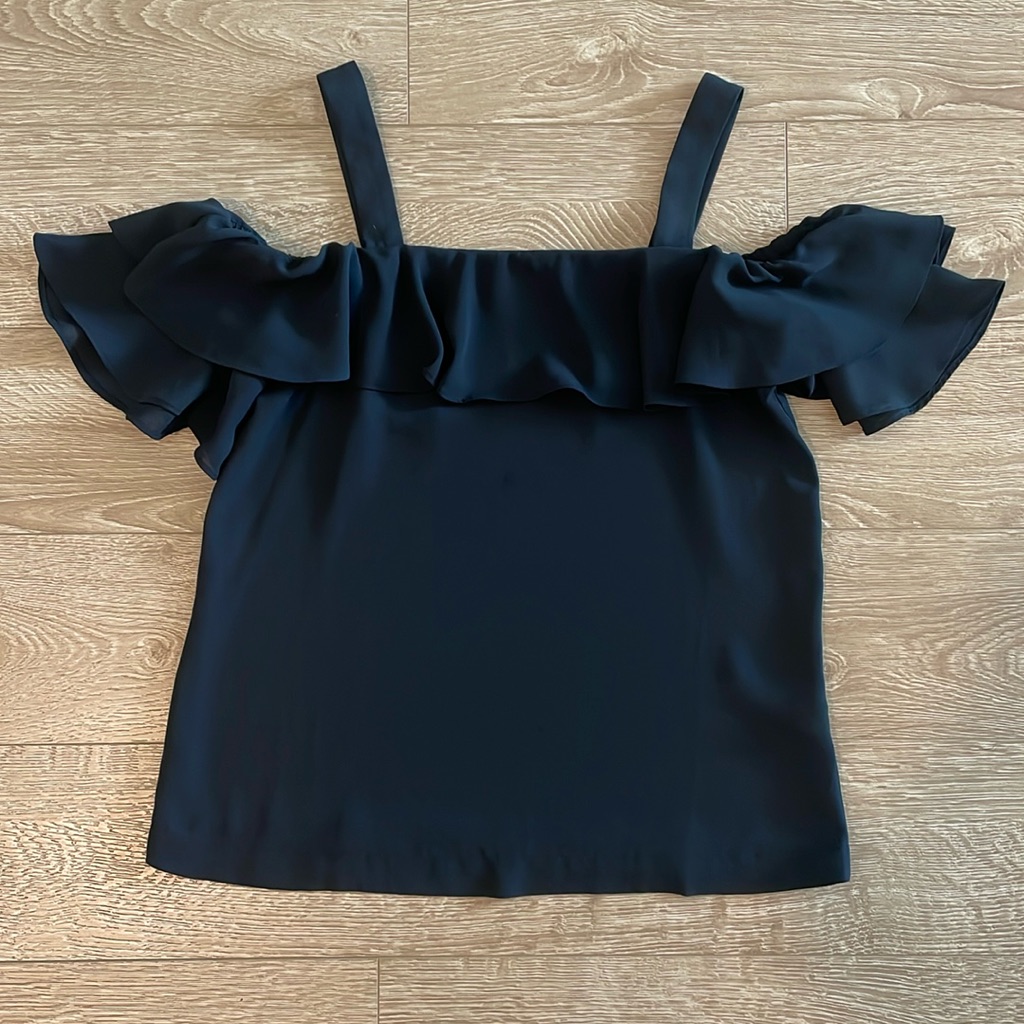 J. Crew Cold Shoulder Black Ruffle Top, Size 00